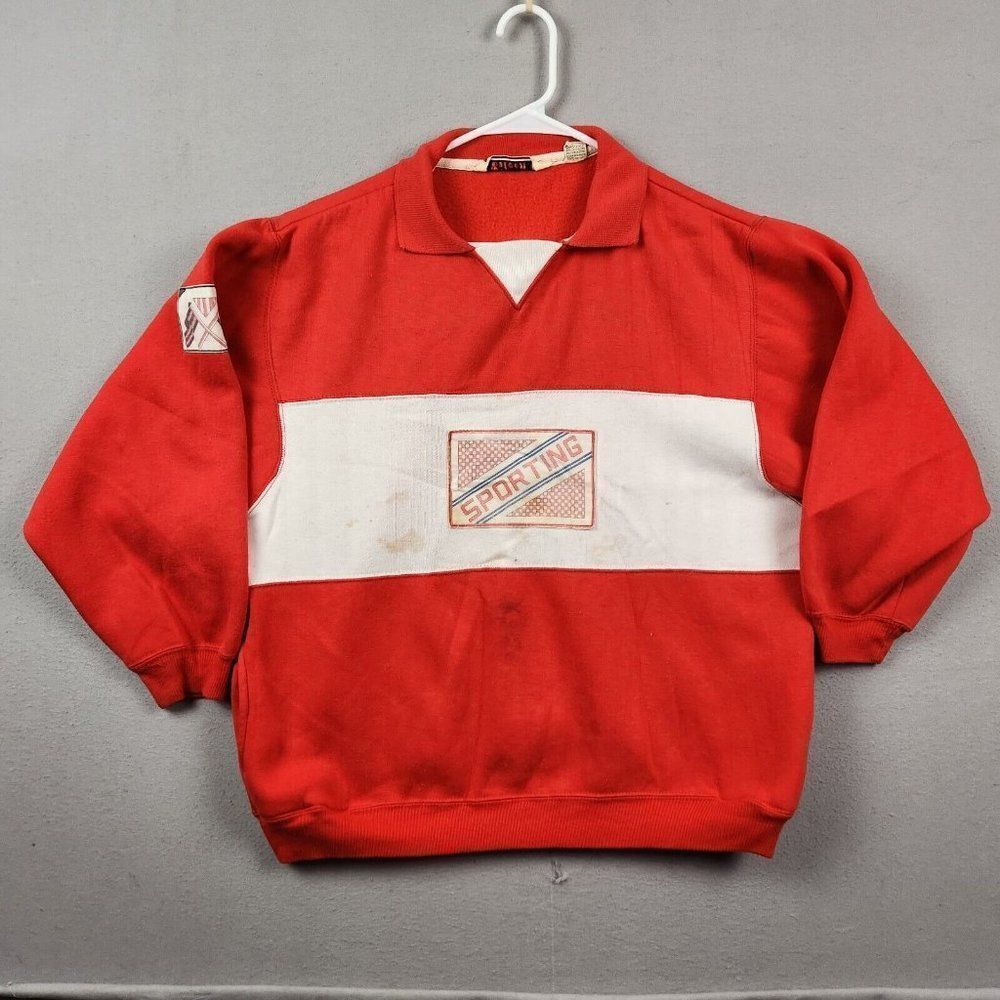 Vintage Eileen 70s Size M Sweatshirt Crew Neck Red White Sporting Pockets